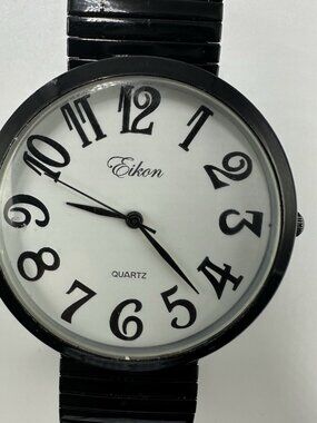 3/$30 Eikon Watch Women Black Large Numerals  Stretch Band New Battery 6.75 Inch